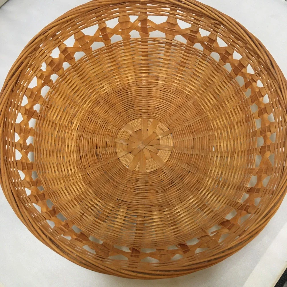 Woven Bamboo Round Basket Home Decor Medium Tan Lattice Rim Cottagecore
